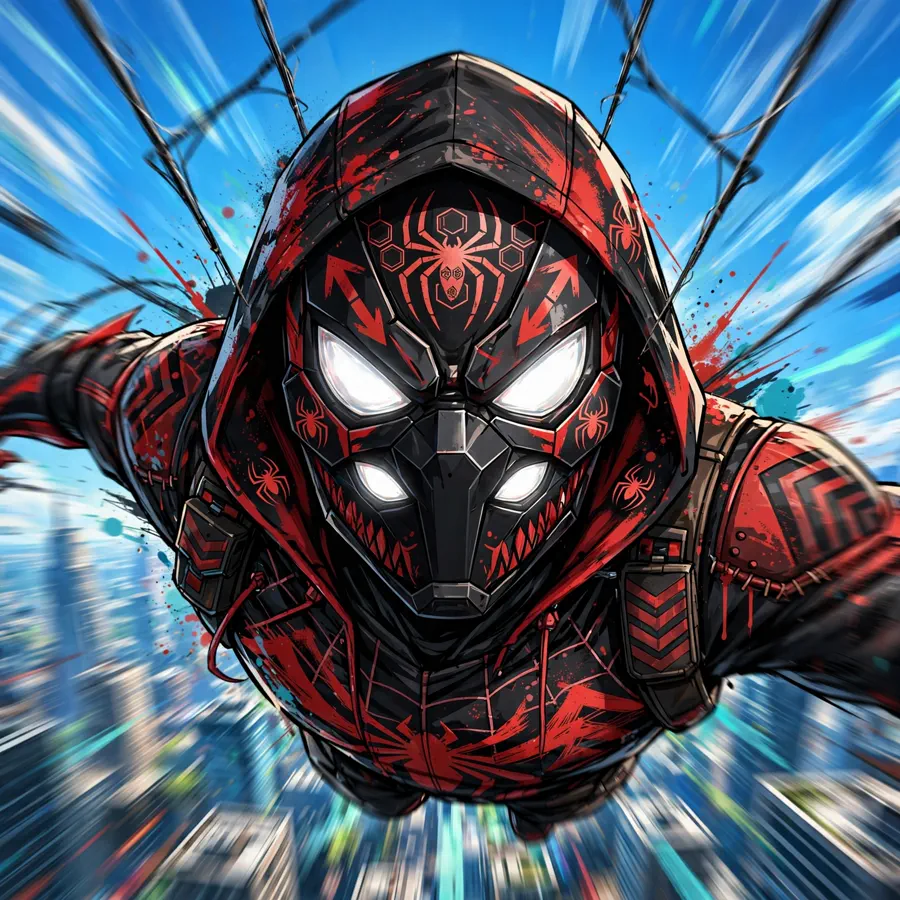 Action Miles Morales pfp: original hero web-swinging high above the city
