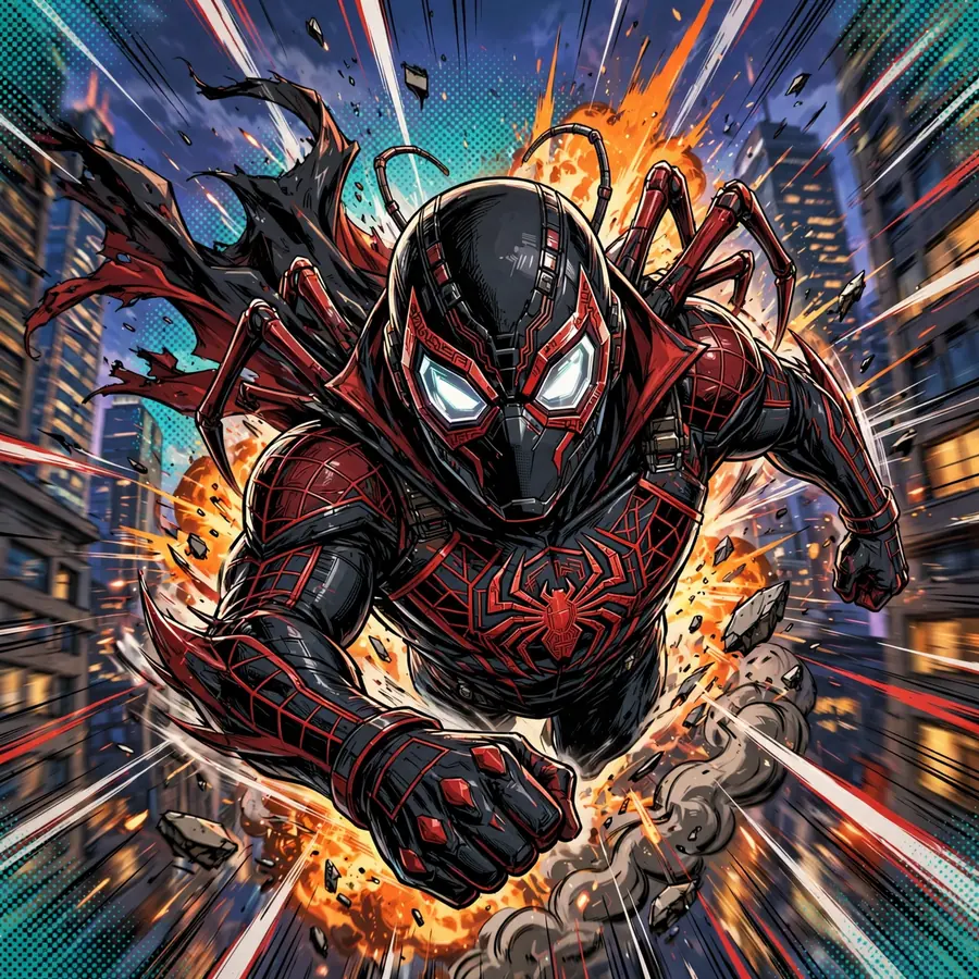 Miles Morales pfp: original hero diving between skyscrapers with speed lines