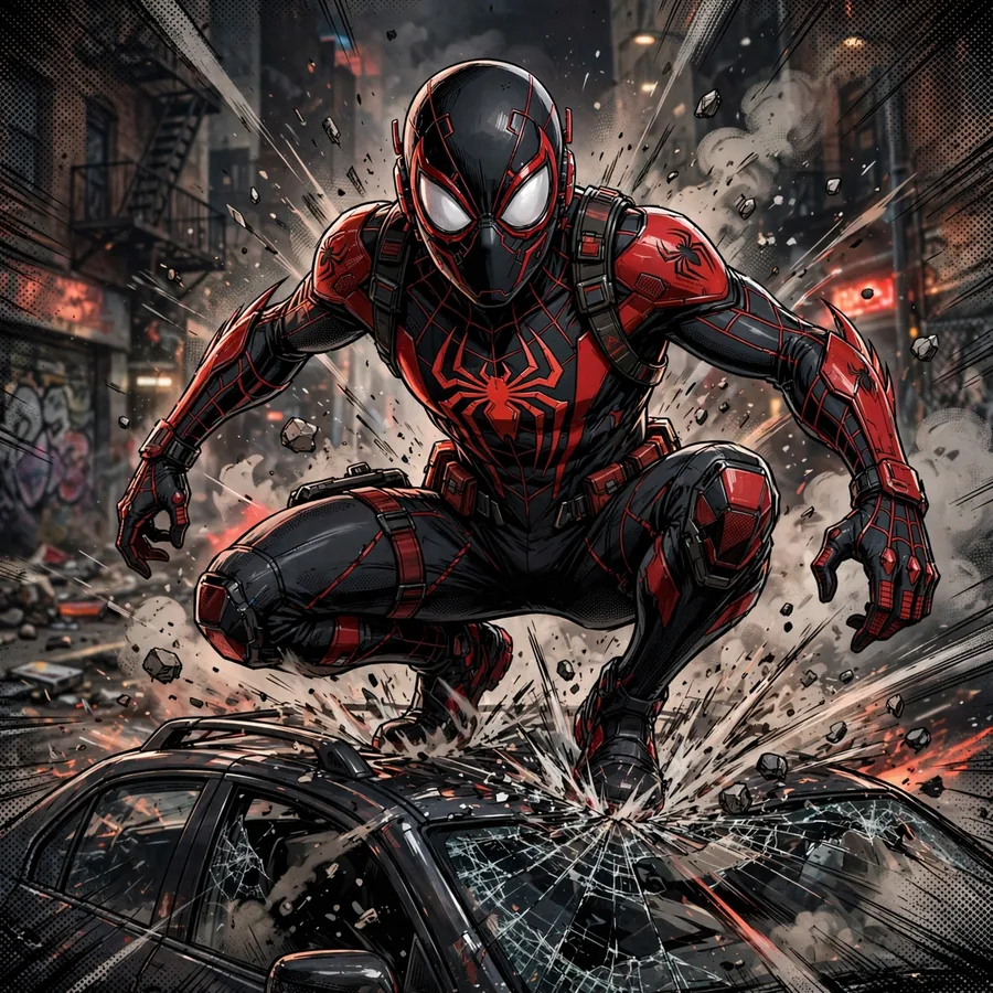 Action Miles Morales pfp: original hero landing on a car roof in the street