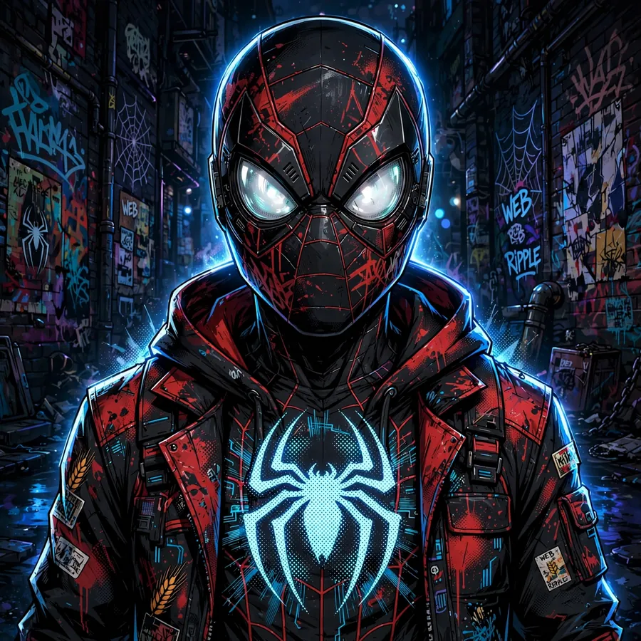 Cool Miles Morales pfp: original portrait with glowing halftone spider logo