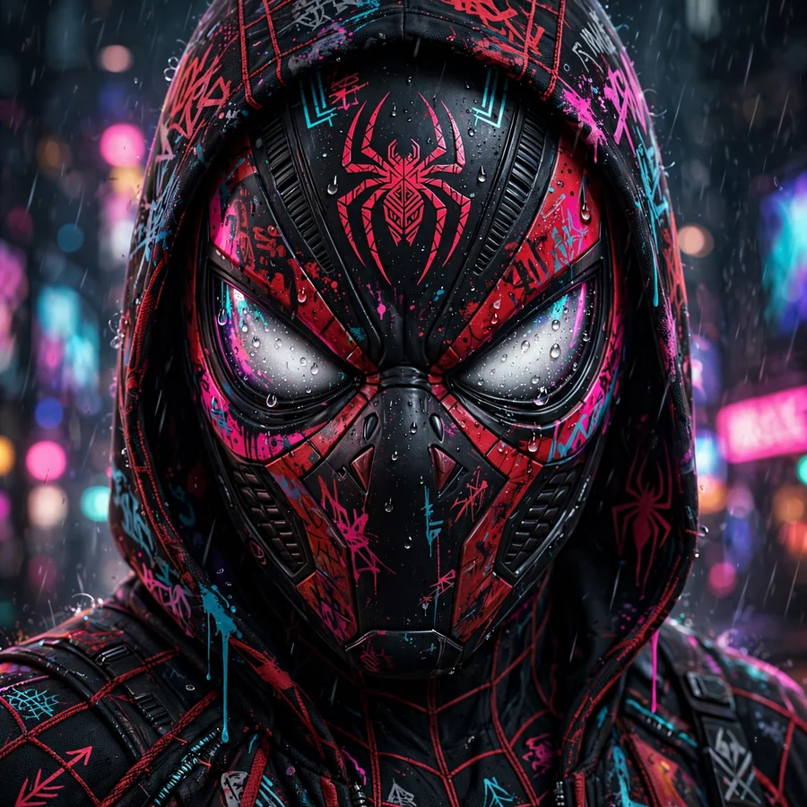 Cool Miles Morales pfp: original mask close-up in rain with neon reflections