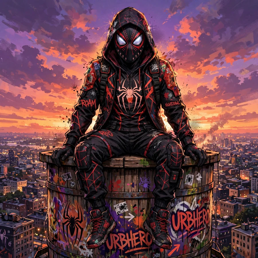 Cool Miles Morales pfp: original hero sitting on a water tower at sunset
