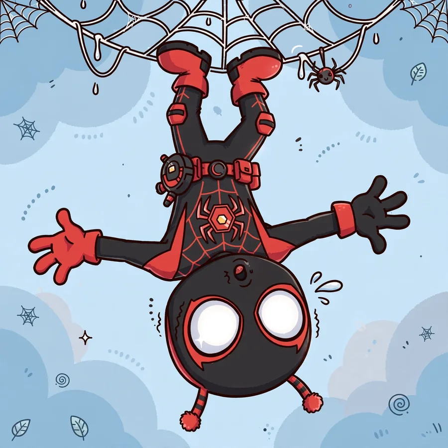 Funny Miles Morales pfp: original hero hanging upside down looking surprised