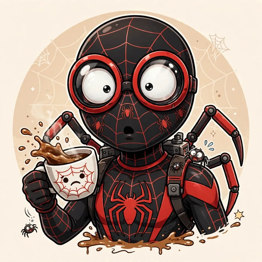 Funny Miles Morales pfp: original hero with shocked lenses holding spilled coffee
