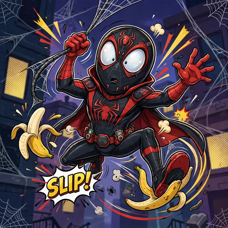 Funny Miles Morales pfp: original hero slipping on a banana peel mid-swing