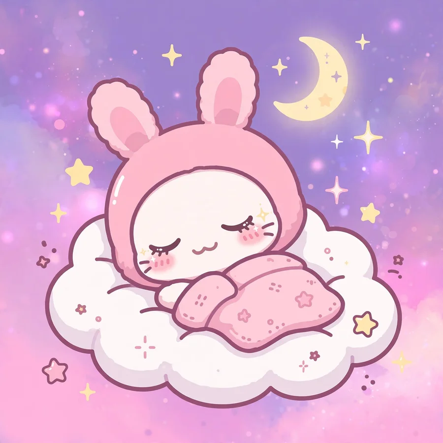 Kawaii pastel my melody: original bunny on a rainbow with clouds