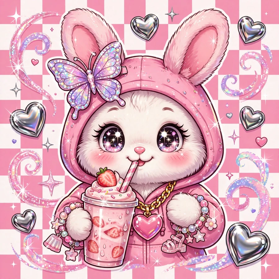 Y2k my melody: original bunny with holographic glitter background