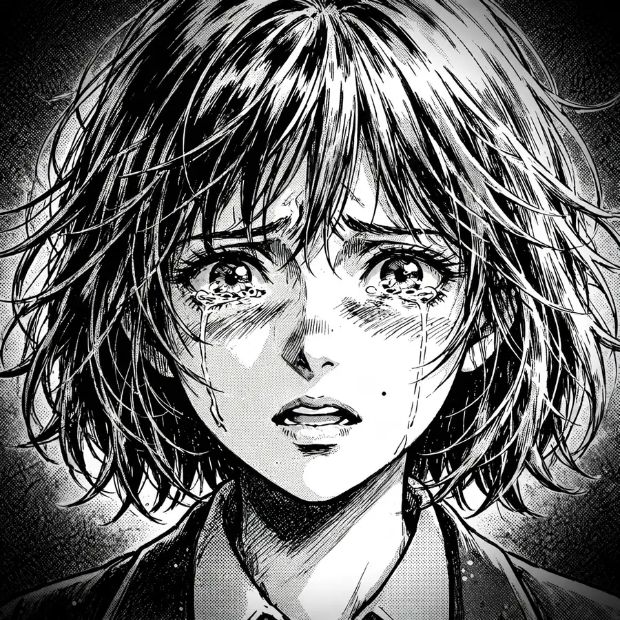 Black and white manga anime girl pfp with screentone shading and dramatic expression