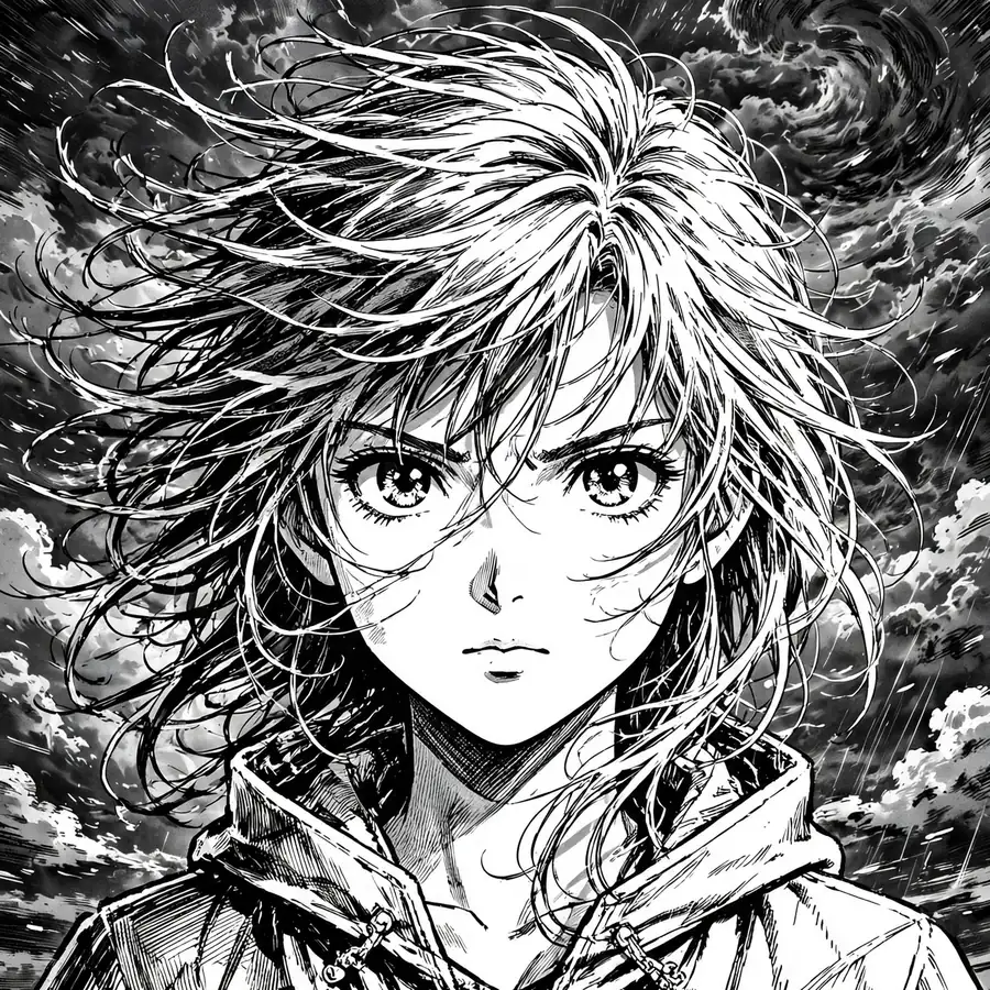 Black and white anime girl pfp with wind-blown hair and monochrome storm clouds