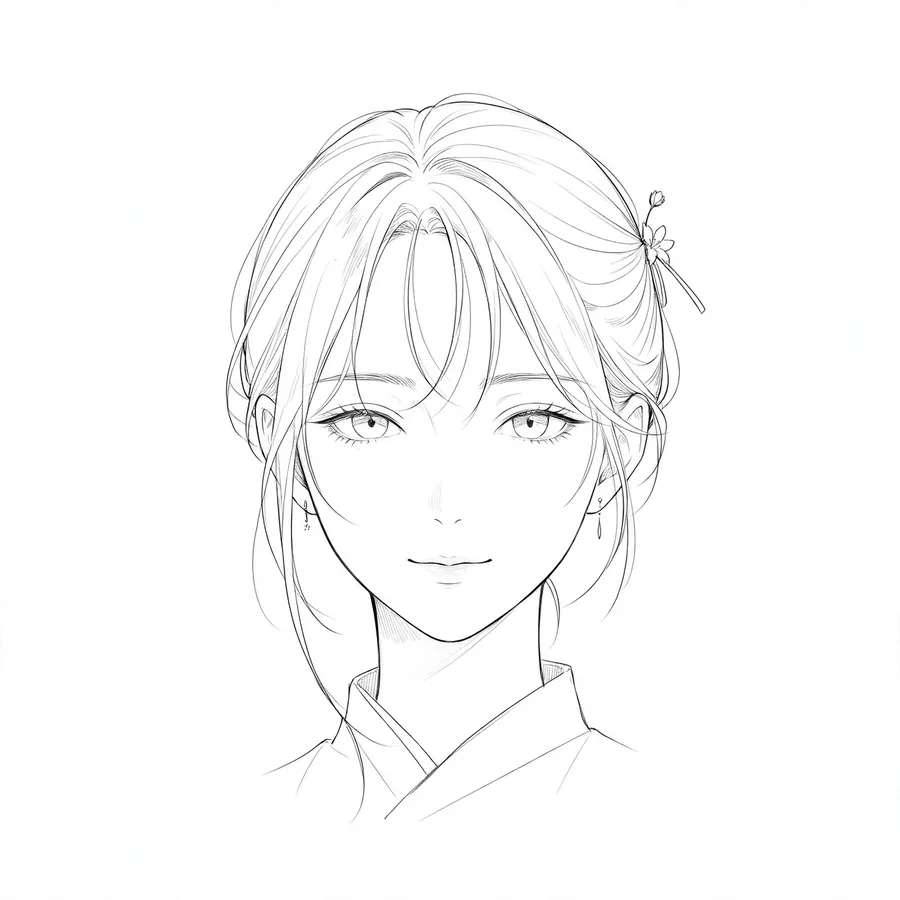 Minimalist fine line art anime girl pfp in black and white