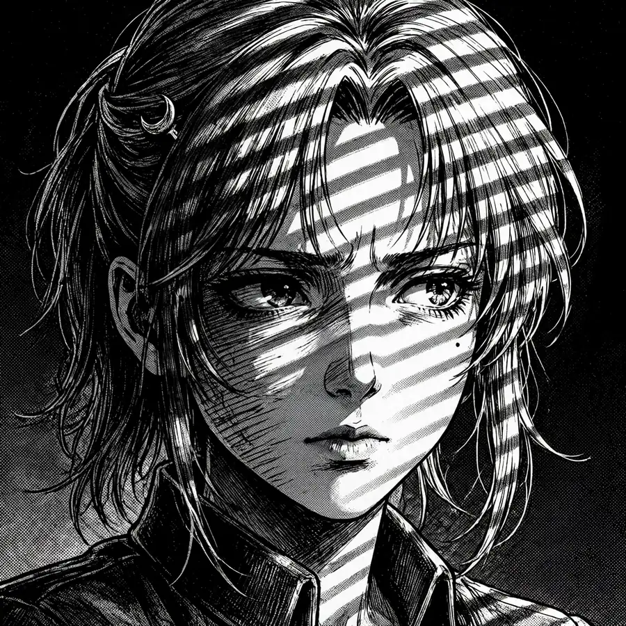 Noir manga anime girl pfp with venetian blind shadows across her face