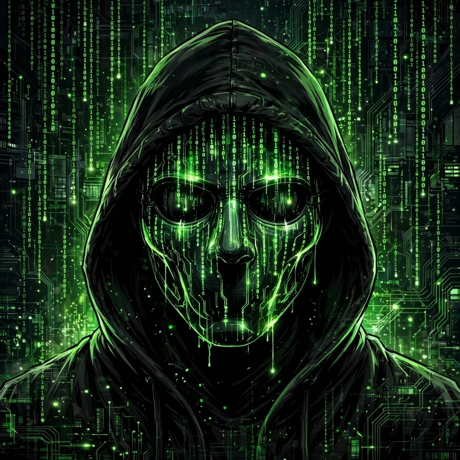 Anonymous hacker pfp: hooded figure with green code-rain mask