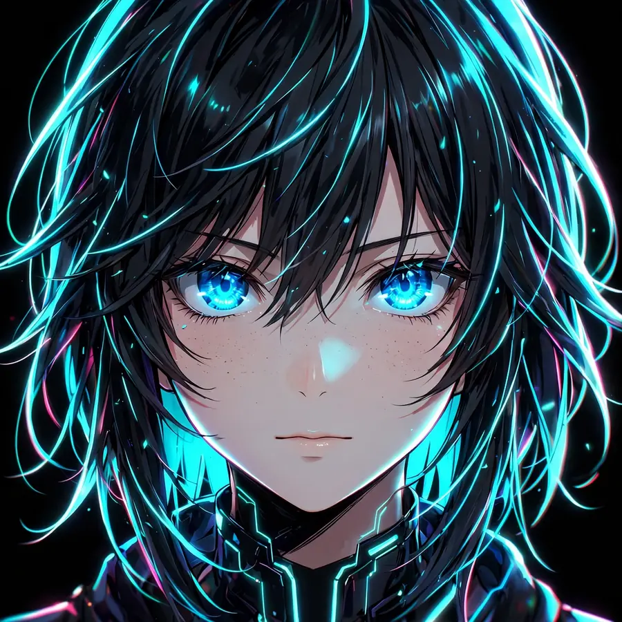 Neon anime girl pfp with glowing cyan outline and electric blue eyes on black background