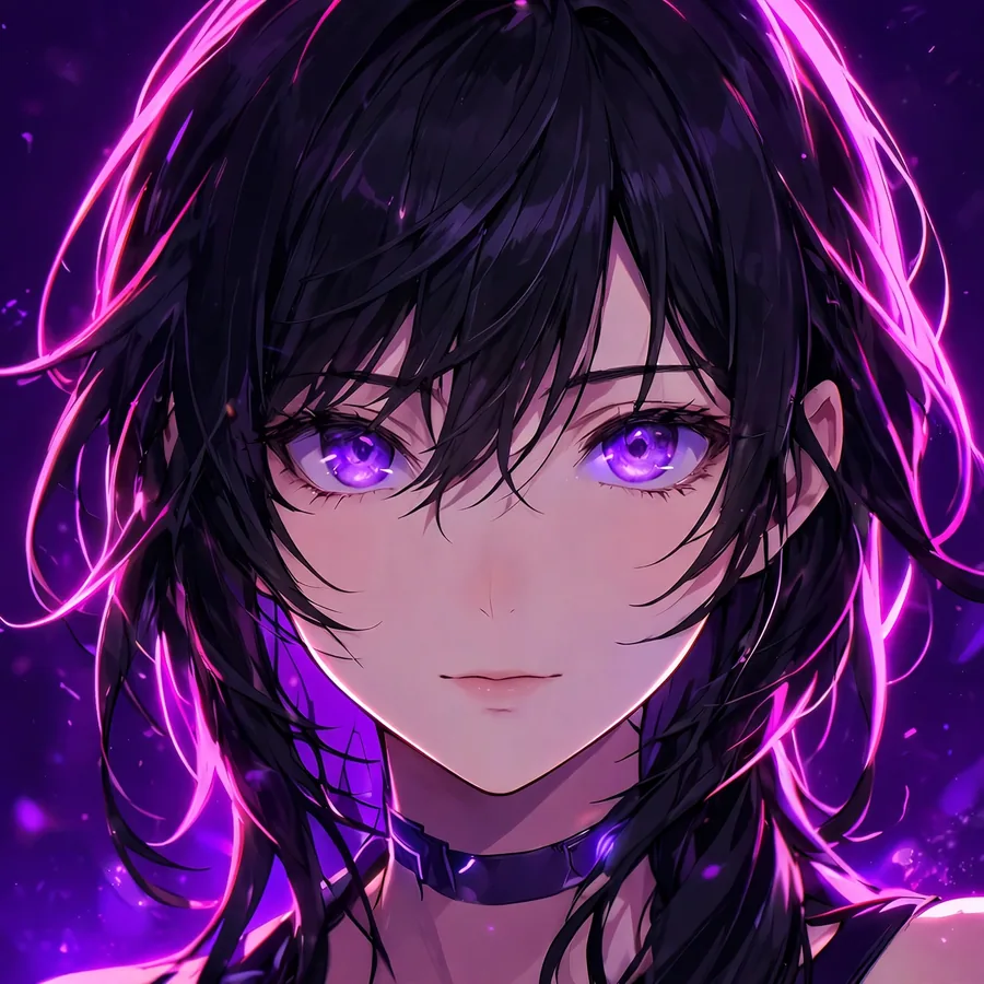 Neon anime girl pfp with magenta rim light and glowing violet eyes on purple background