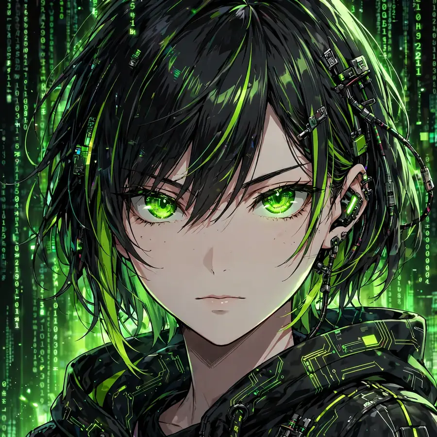 Hacker anime girl pfp with glowing green eyes and matrix code rain background