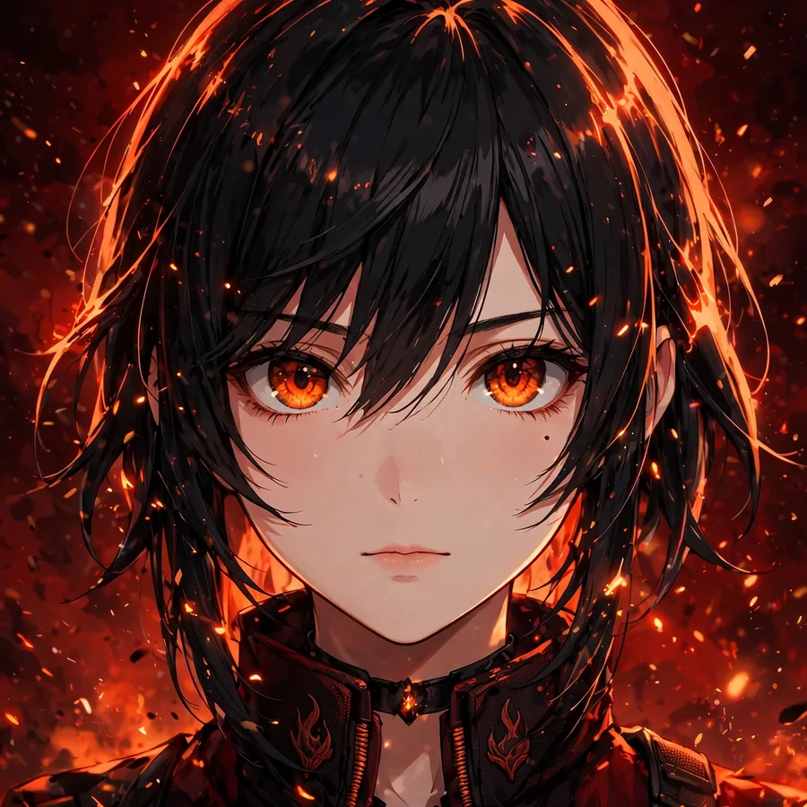 Ember anime girl pfp with glowing orange rim light and floating sparks on dark red background