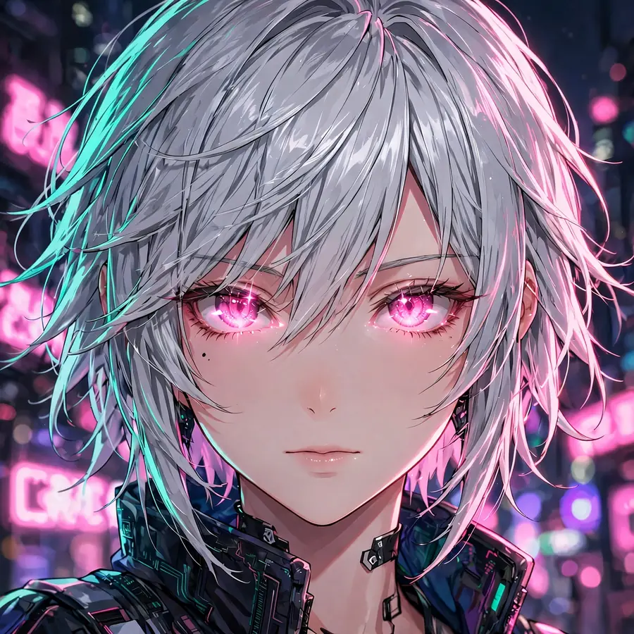 Cyberpunk anime girl pfp with teal and pink neon rim light on silver hair