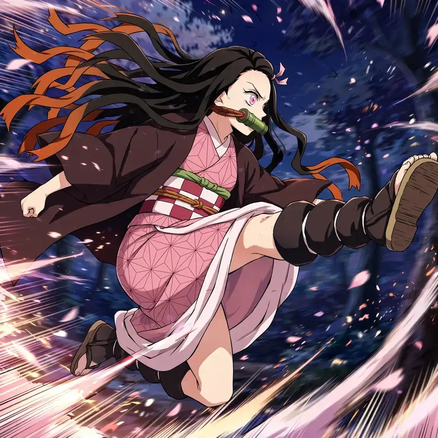 Nezuko pfp: original Nezuko mid-kick in dynamic combat pose