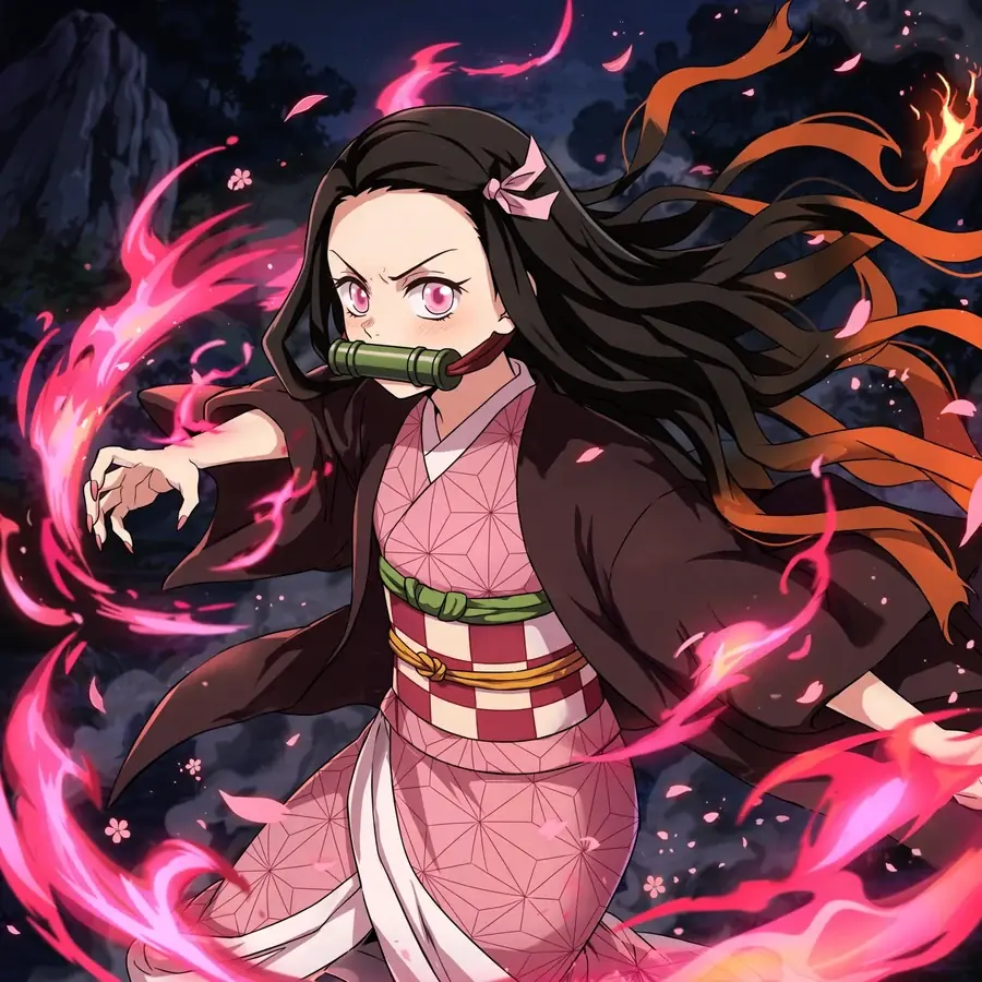 Action nezuko pfp: original Nezuko with pink flame blood demon art, battle stance