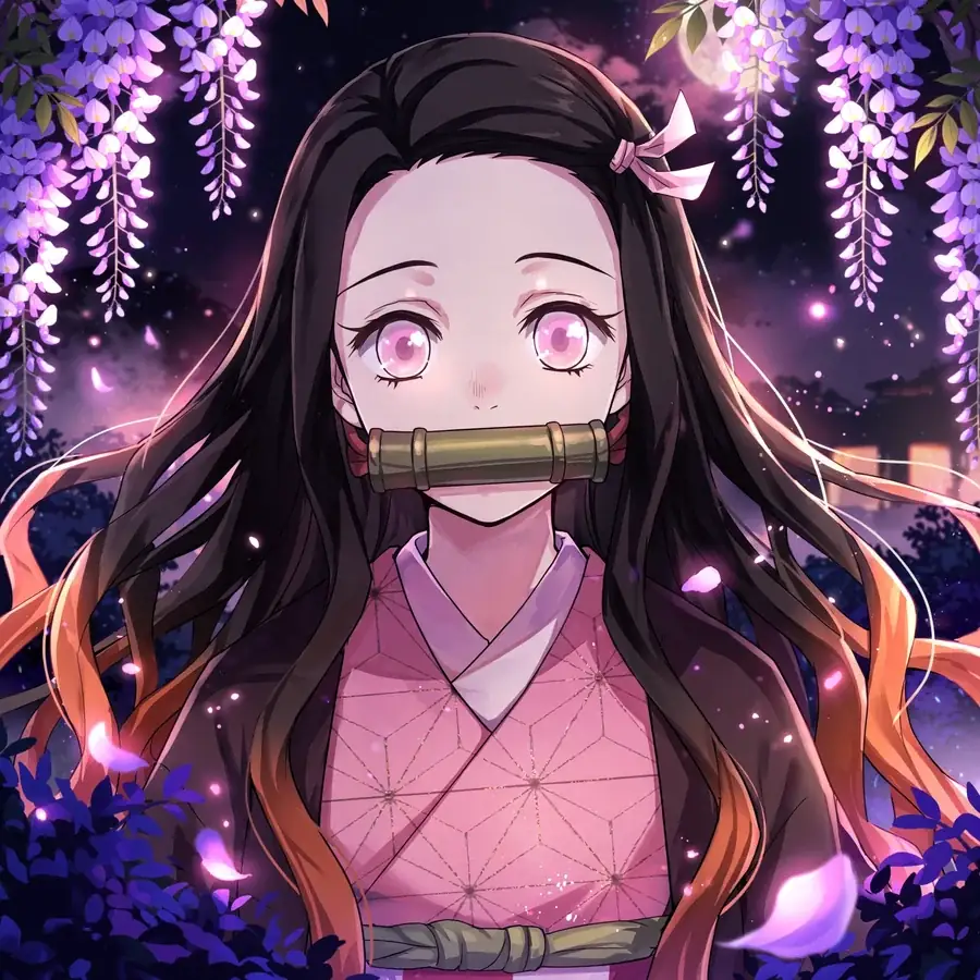 Aesthetic nezuko pfp: original Nezuko among glowing wisteria at night, purple palette