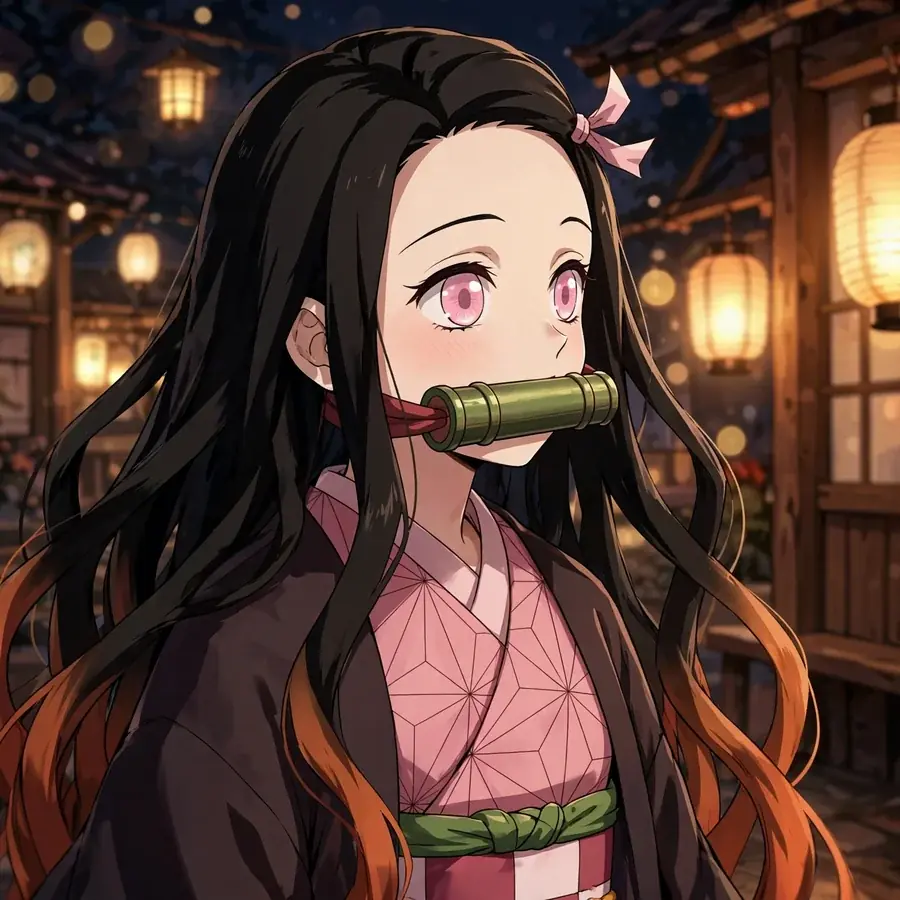Nezuko pfp aesthetic: original Nezuko portrait in warm lantern light with film grain