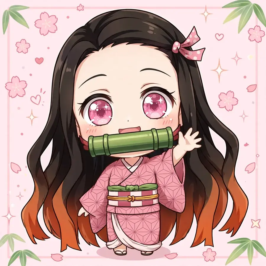 Chibi nezuko pfp: original small Nezuko in pink kimono waving hello