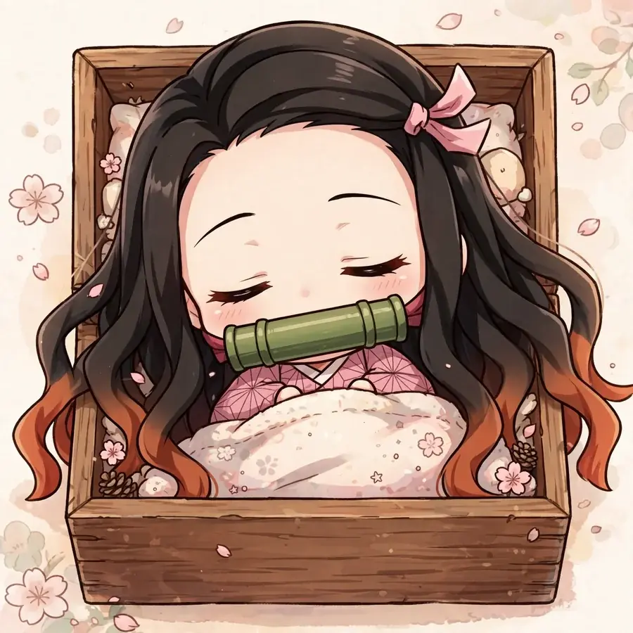 Chibi nezuko pfp: original baby Nezuko sleeping in box with a blanket