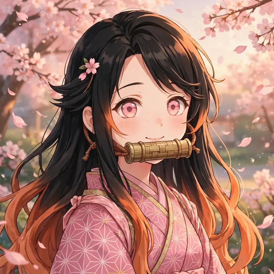 Cute nezuko pfp: original Nezuko portrait with bamboo muzzle among cherry blossoms