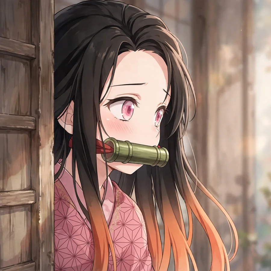 Nezuko cute pfp: original shy Nezuko peeking from behind, pink kimono visible