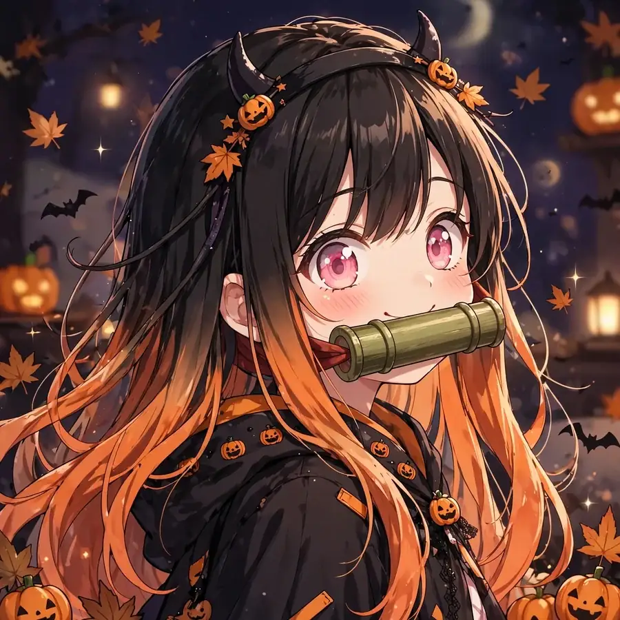 Cute nezuko pfps: original Nezuko with tiny demon horns headband, Halloween style
