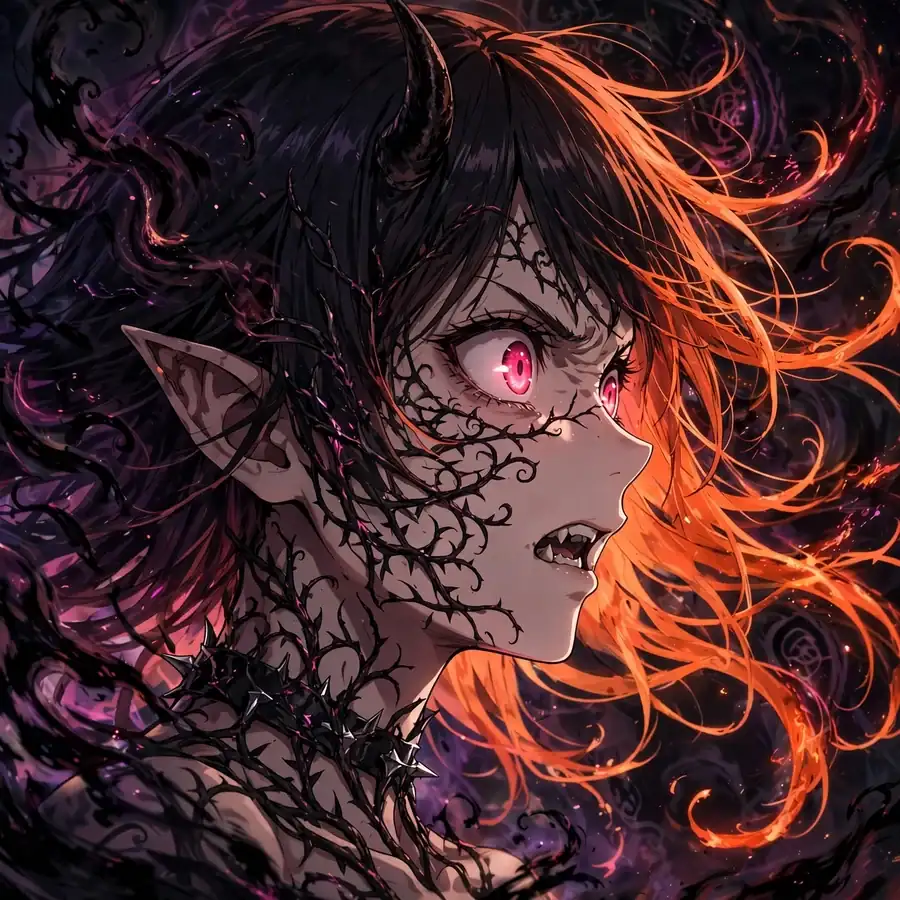 Nezuko demon slayer pfp: original Nezuko mid-transformation with spreading vine markings