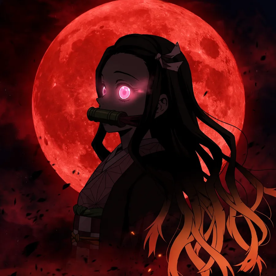 Dark nezuko pfps: original demon Nezuko silhouette against a red moon