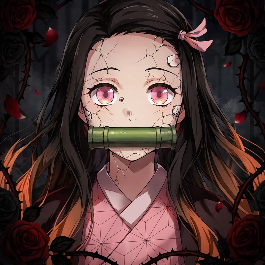 Nezuko pfp: original Nezuko with cracked-mask aesthetic among dark roses
