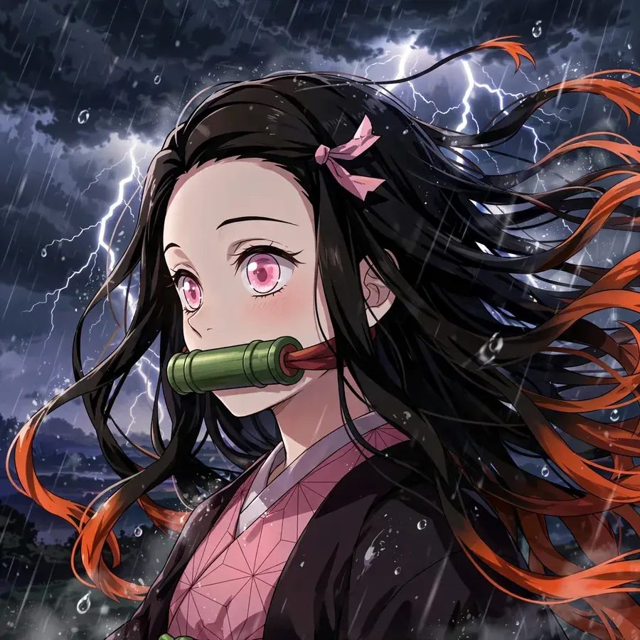 Dark nezuko pfp: original Nezuko in a thunderstorm with dramatic lightning