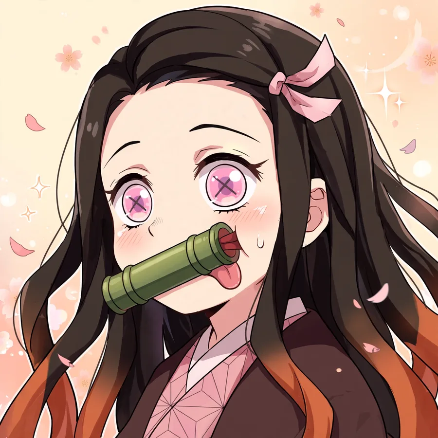 Funny nezuko pfp: original Nezuko with cross-eyed goofy face, muzzle crooked
