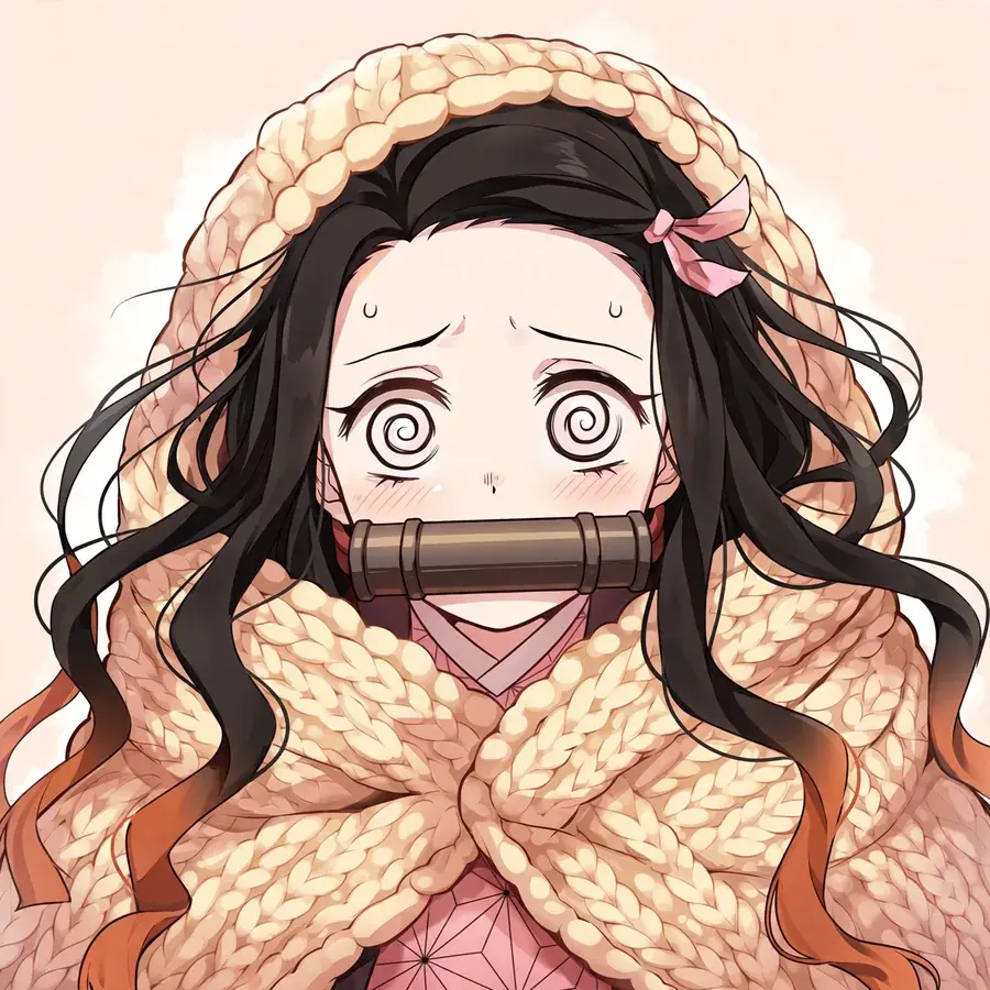 Funny nezuko pfp: original dizzy Nezuko with spiral eyes tangled in a blanket