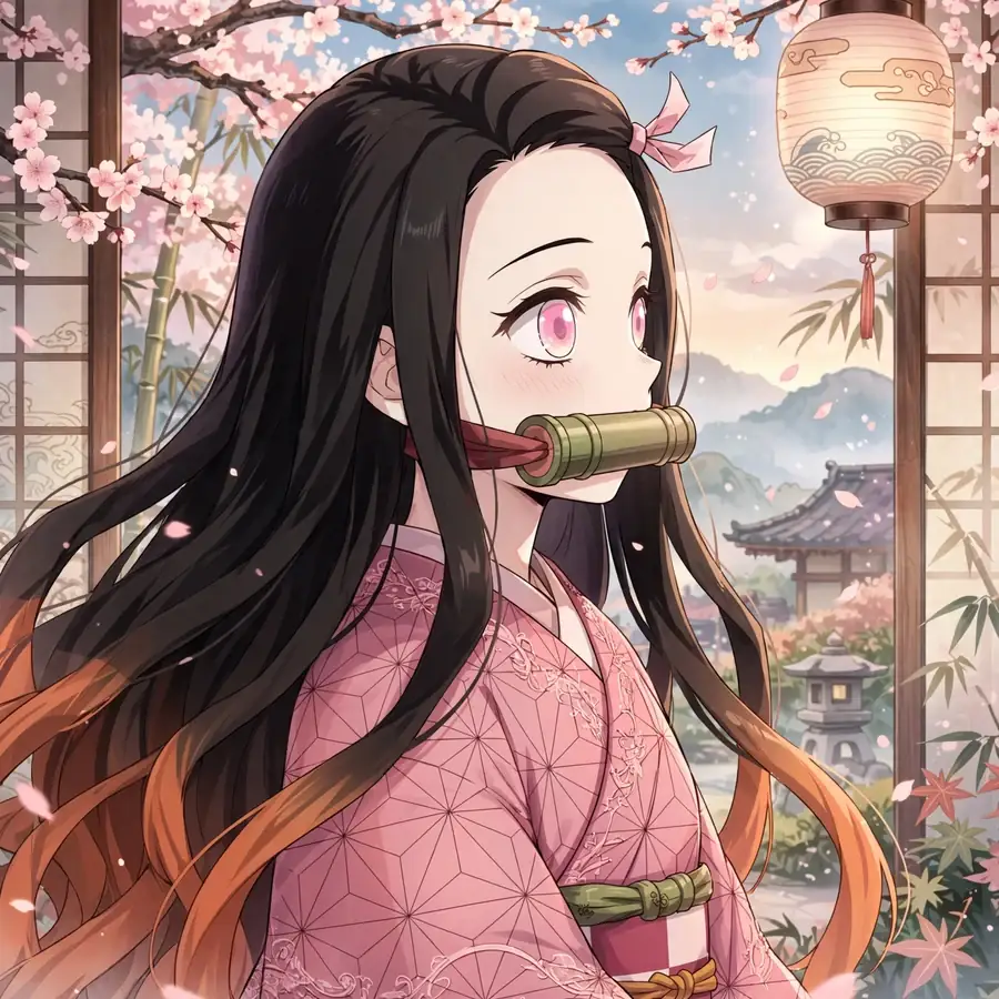 Nezuko profile picture: original Nezuko in full pink kimono, traditional backdrop
