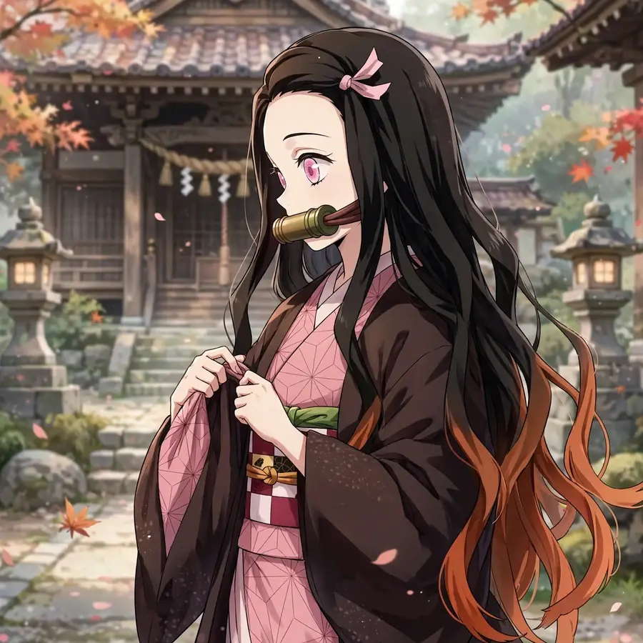 Nezuko pfp: original Nezuko adjusting her kimono sleeve at a temple