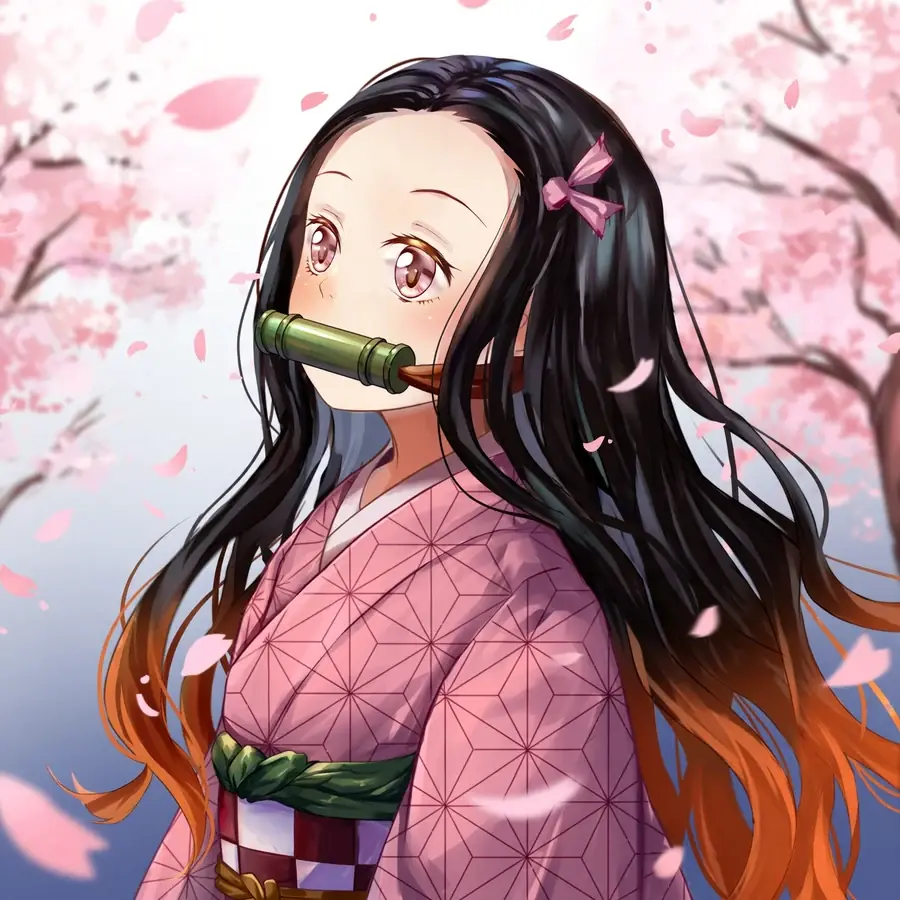 Nezuko kimono pfp: original Nezuko in kimono among falling sakura petals