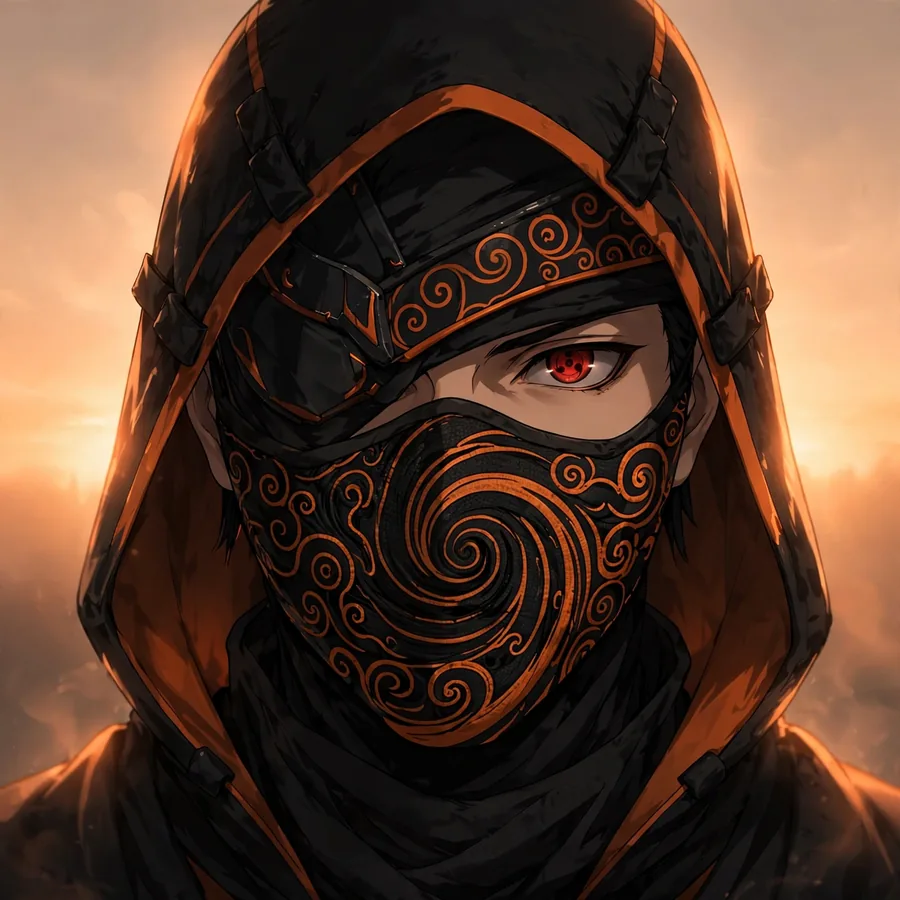 Aesthetic Obito pfp: original hooded spiral mask against a sunset sky