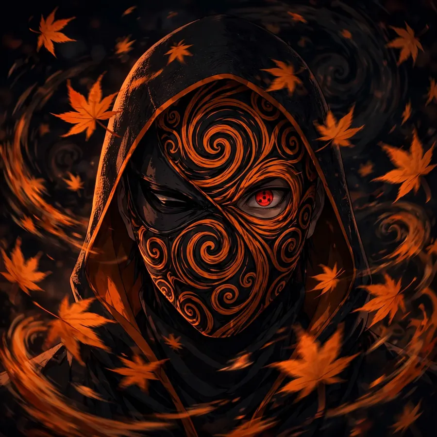 Aesthetic Obito pfps: original spiral mask in swirling maple leaves