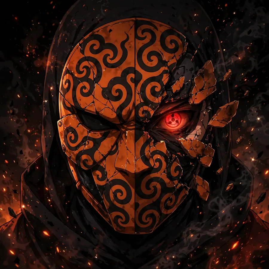 Battle Obito pfp: original cracked spiral mask with drifting embers