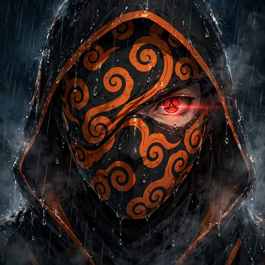 Obito battle pfp: original rain-soaked hooded spiral mask