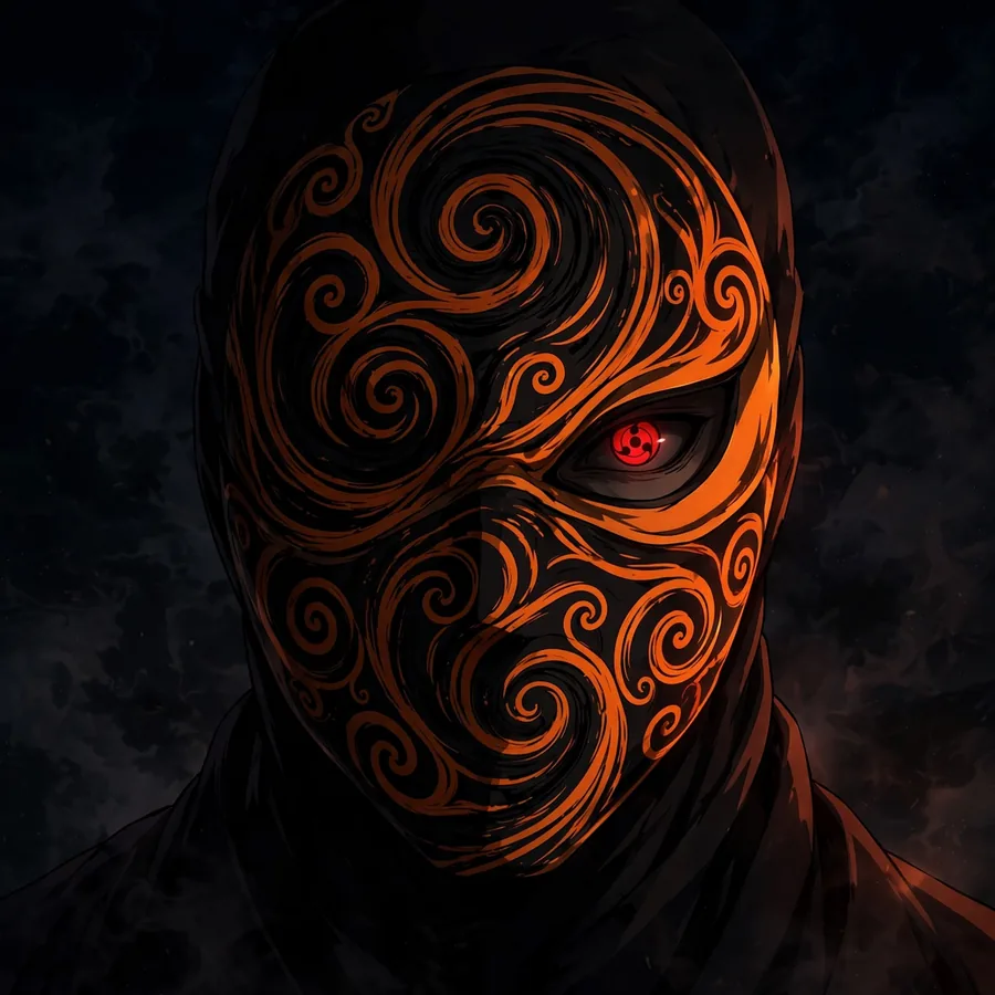 Dark Obito pfp: original spiral mask fading into shadow with one red eye
