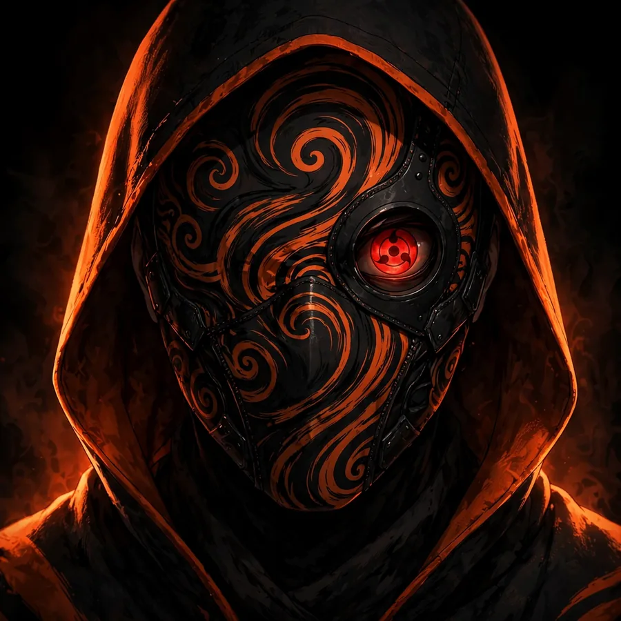 Obito dark pfp: original hooded figure with a single eye burning in the dark