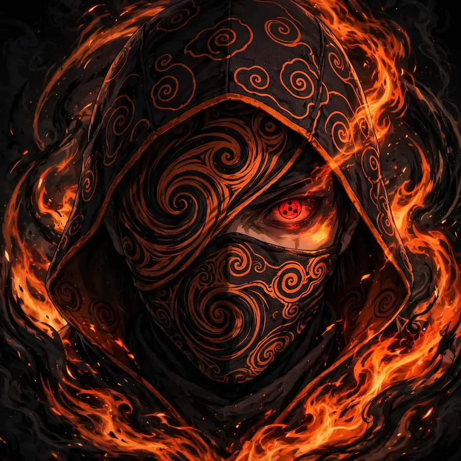 Obito fire pfp: original hooded spiral mask wrapped in swirling flames