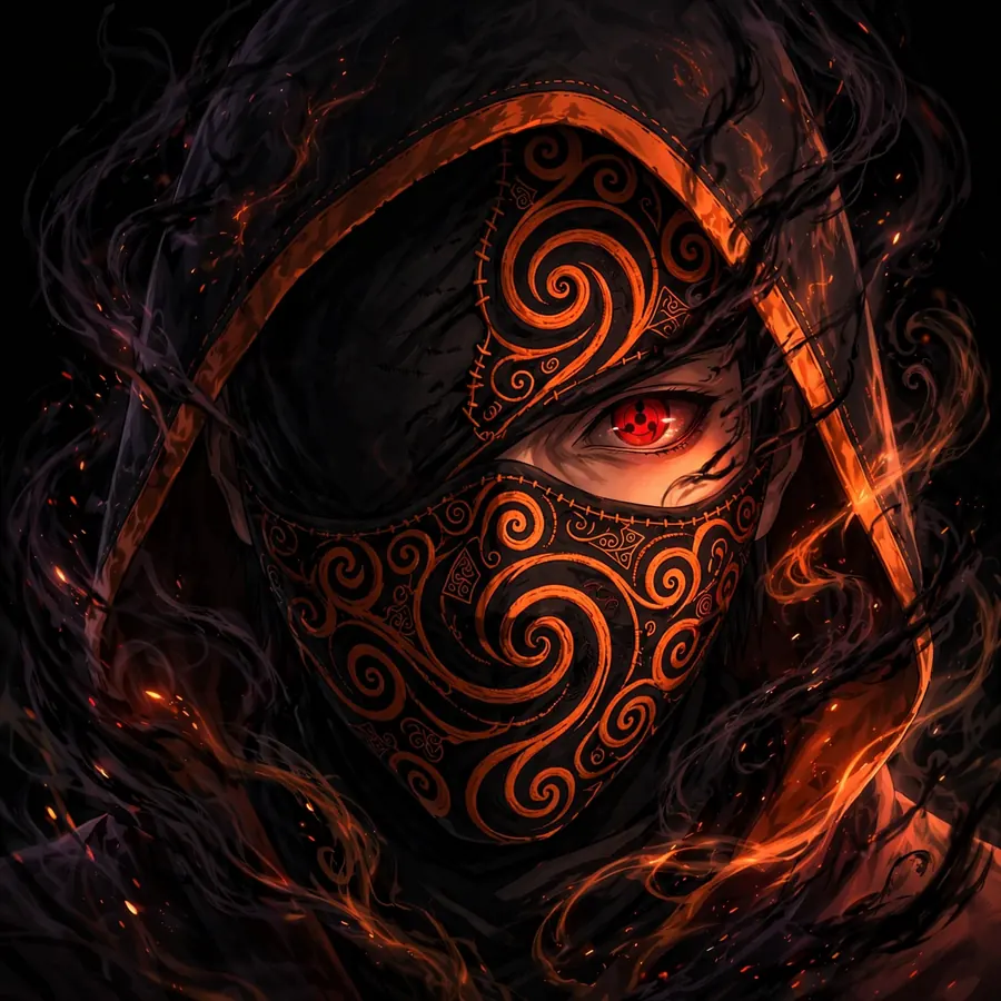Obito flame pfps: original spiral mask lit by deep red firelight