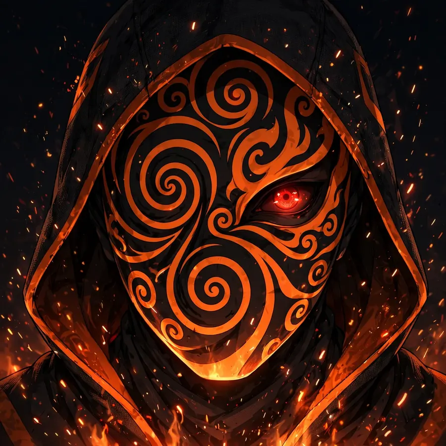 Obito pfp flames: original glowing molten-orange spiral mask