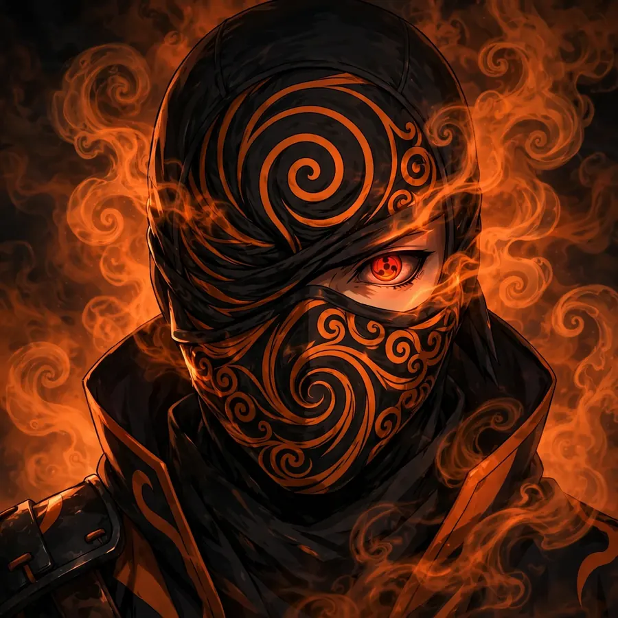 Masked Obito pfp: original spiral mask wreathed in flames with a red Sharingan eye