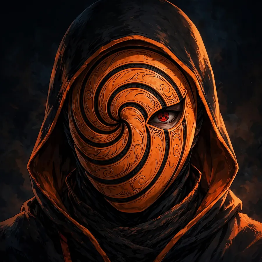Obito masked pfp: original classic orange Tobi spiral mask under a hood